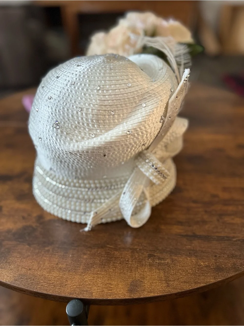 Ivory Embellished Straw Cloche Hat with Feathers